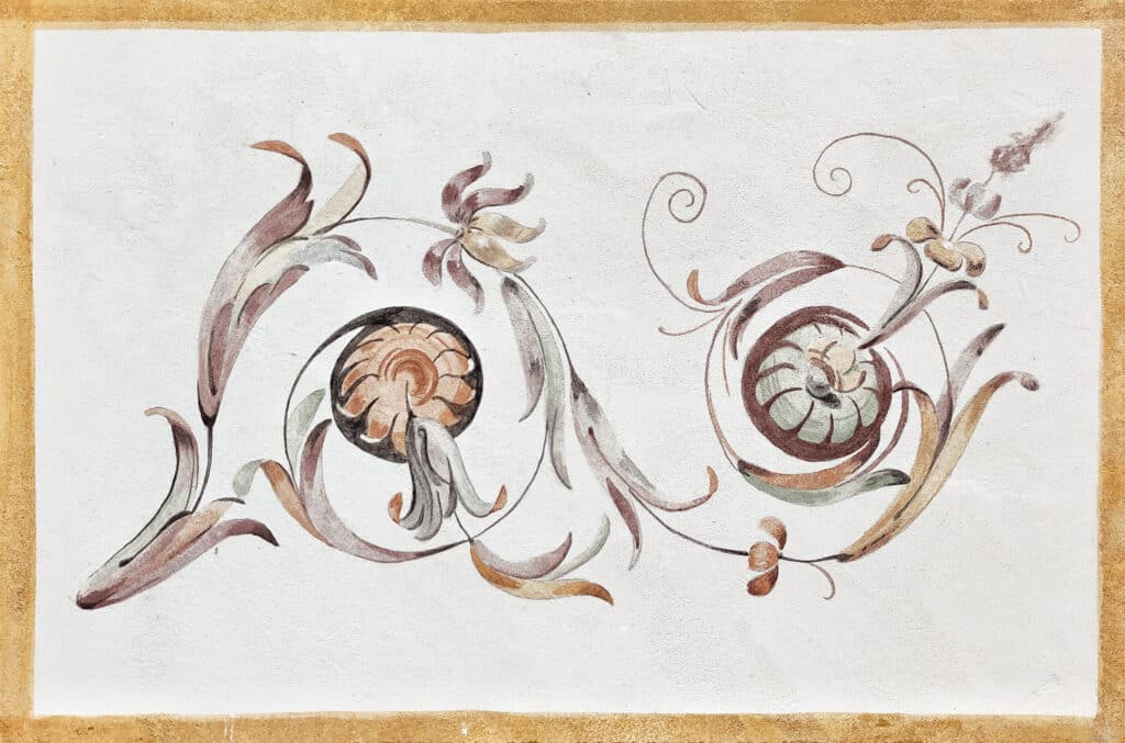 photo présentant une peinture réalisé avec la technique fresque à secco - représente un rinseau. sur une plaque de BA13, enduit, peinture à la tempera et peinture à la chaux