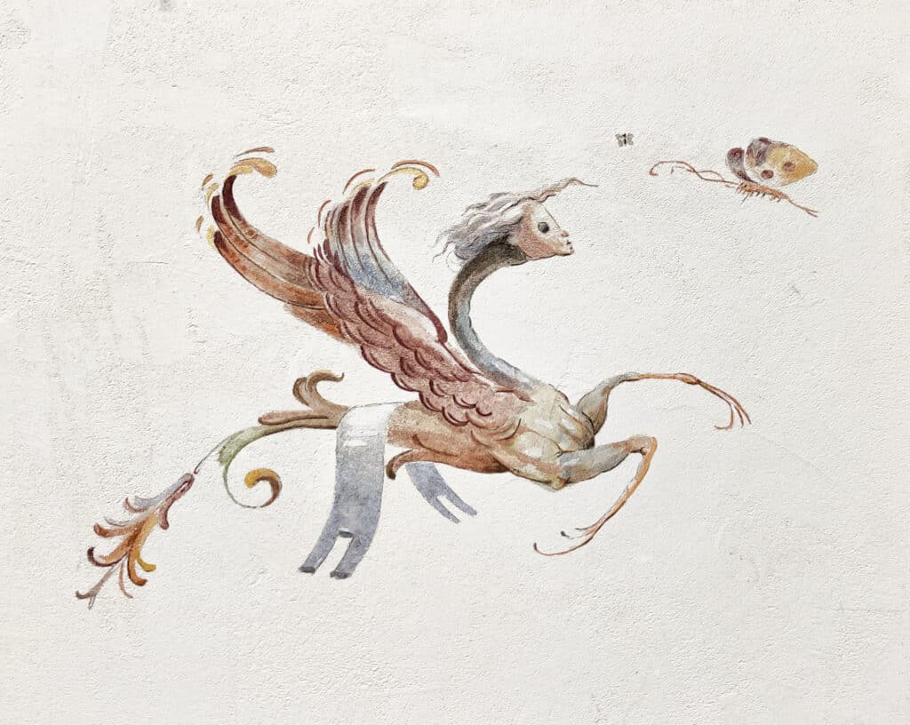 photo présentant une peinture réalisé avec la technique fresque à secco - représente un Griffon. sur une plaque de BA13, enduit, peinture à la tempera et peinture à la chaux - 23 x 34 cm